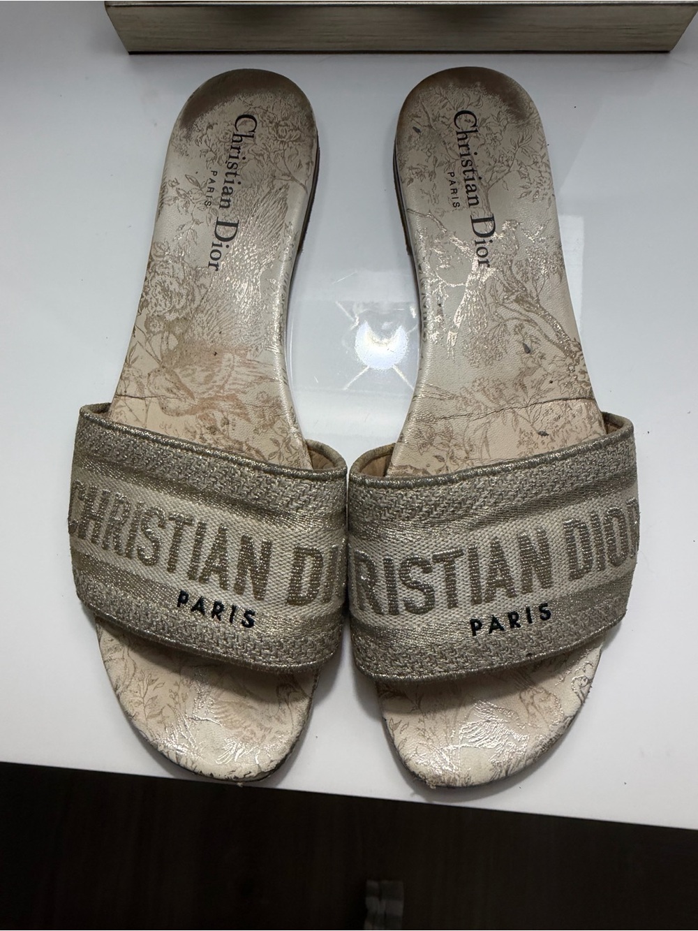 Dior Beige and Gold Logo Slide Sandals